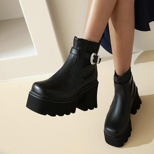 Ladies Chelsea Mid Calf Boots Spring Autumn Stitching Stretch Street Boots Winter Platform Belt Buckle Square Toe Womens Shoes