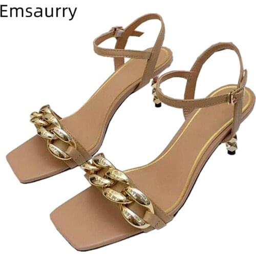 Womens Sandals 2021 Ankle Strap Rivet Decor High Heels Genuine Leather Concise Style Chains Summer Shoes For Women