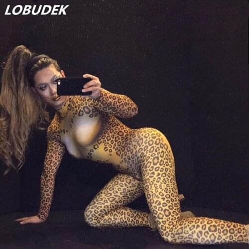 Leopard printing sexy leotard jumpsuit Women singer DJ DS Costumes Role performance stage wear Party show Pole dancing show Bar