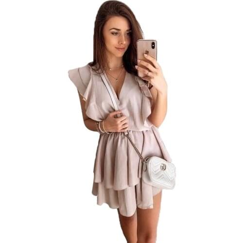 Hot summer V-neck chiffon solid color stitching ruffle dress skirt female