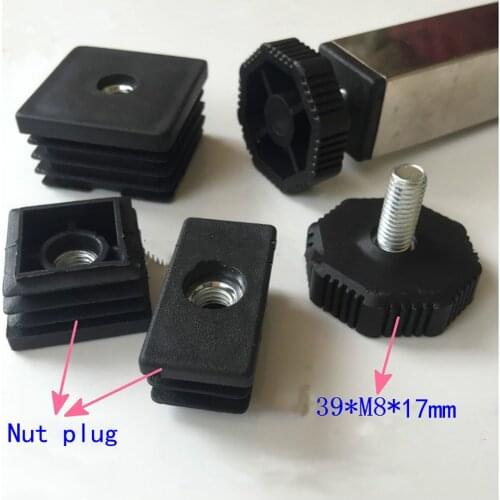 1 Set Black Plastic Square Nut Plug+Adjusting feet 39*M8*17mm Protection Gasket Dust Seal End Cover Caps Chairs Furniture