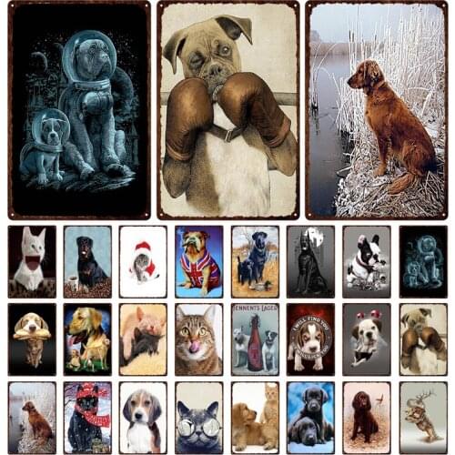 Abstract Funny Animals Metal Plate Cute Cat And Dog Plaque Pet Shop House Pendant Iron Painting Tin Sign Wall Decoration