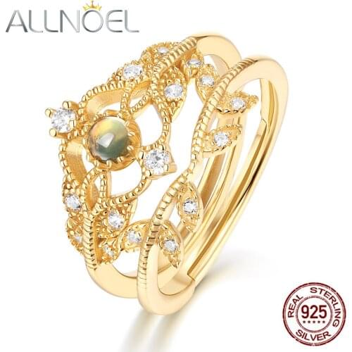 ALLNOEL Solid 925 Sterling Silver Rings For Women 100% Natural Opal Zircon Diamond Hollow Flower Vine Stacking Fine Jewelry New