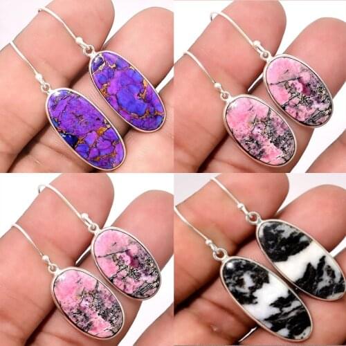 Boho Vintage Pink Oval Resin Drop Earrings for Women Tribal Jewelry Silver Color Purple Blue Black Colorful Dangle Earrings