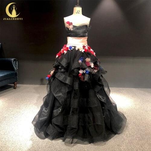 Rhine real Pictures Strapless Colorful flowers Black sexy evening dress long formal dresses