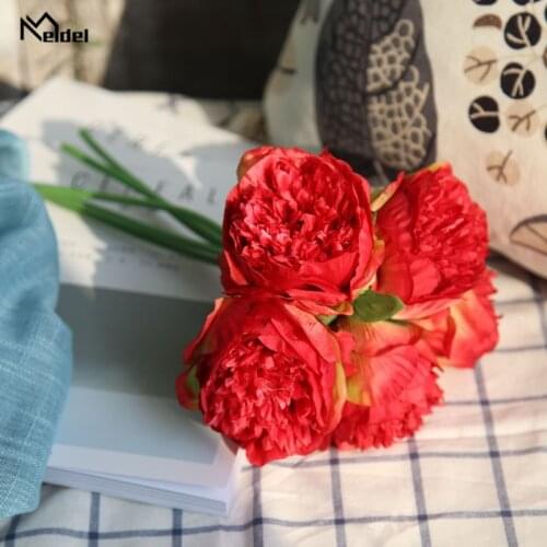 Artificial Large Flowers Peonies Fabric 5 Heads Peonies Silk Big Fake Bouquet Bridal Wedding Home Decoration Table Faux Flowers