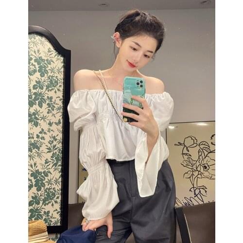Summer Long Sleeve Top Women Slash Neck Flare Sleeve Shirts Yellow Sun Protection Crop Top Thin Chiffon Blouse Korean New