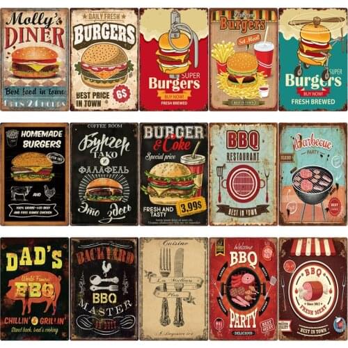 BBQ Retro Metal Wall Sign Tin Plaque Burger and Coke Vintage Shabby Chic Coffee Kitchen Diner