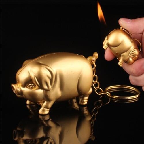 Mini Creative Gas Lighter Inflated Butane Metal Gold Pig Model Cigarette Fire Starter With Keychain Cute Funny Lighters