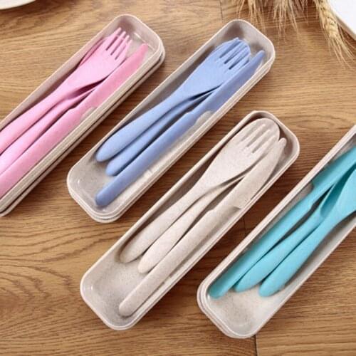 3pcs/box Dinnerware Set Portable Japan Style Children Cutlery Spoon Fork Knife Kit for StudentsCamping Travel Tableware Set