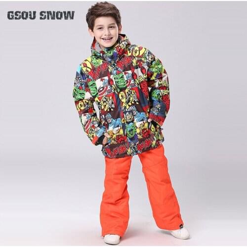 New Style Boys Gsou Snow Jacket+Pants Kids Windproof Waterproof Outdoor Sport Wear Camping Riding Skiing Snowboard Children Suit