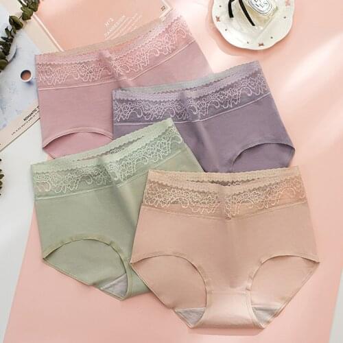 New Abdomen High Waist Sexy Solid Color Underwear Women Lace Flowers Combed Cotton Ladies Briefs 8 Colors Available