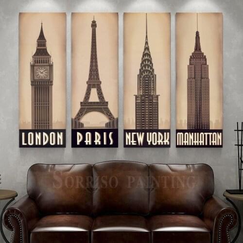 Retro Nostalgia Eiffel Tower Big Ben Empire State Building Canvas Painting Pictures Wall Art Posters Prints Home Living Decor
