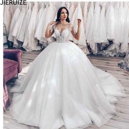 EJUE SHUNG Chic Princess Wedding Dresses V Neck Long Sleeve Appliques Lace Up Back Ball Gown Bridal Dresses robe de mariee