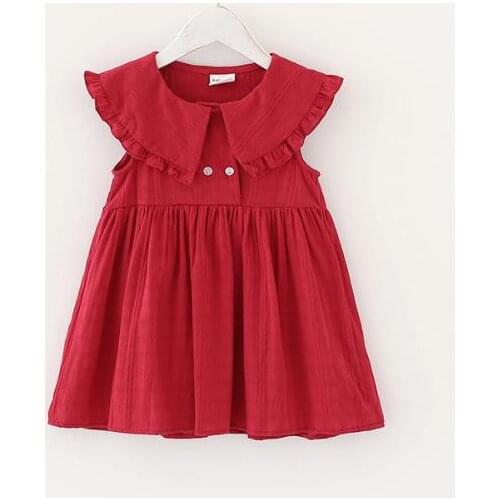 Free Baby Girl Dress Child’s Cotton No-Sleeve Lapel High Waist Pleated Casual Clothes with Buttons