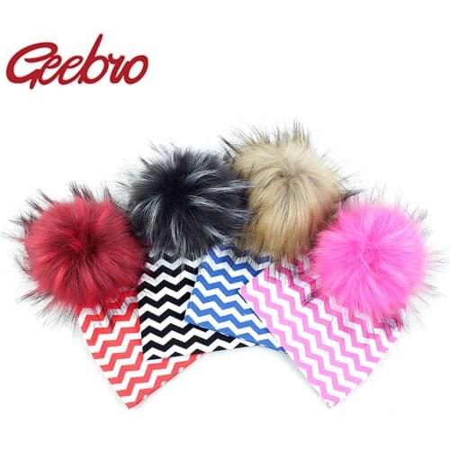Geebro Newborn Cute Baby Corrugated Design Faux Fur Pompom Warm Beanie Hat Cotton Soft Striped Outdoor Hat Boys Girls