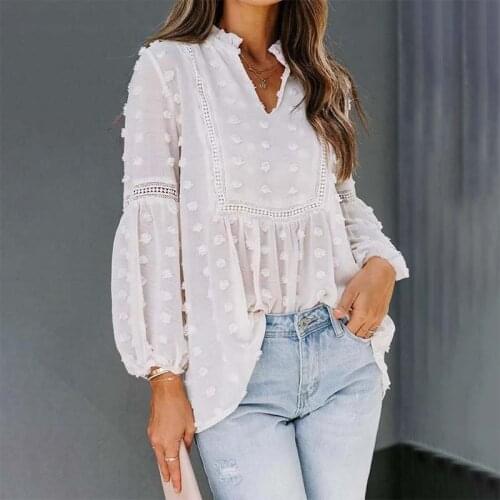 Summer Chiffon Blouse For Women 2021 Solid Hollow Lantern Sleeve Ruffled Collar Lace Shirt And Tops Casual Office Lady Blouse