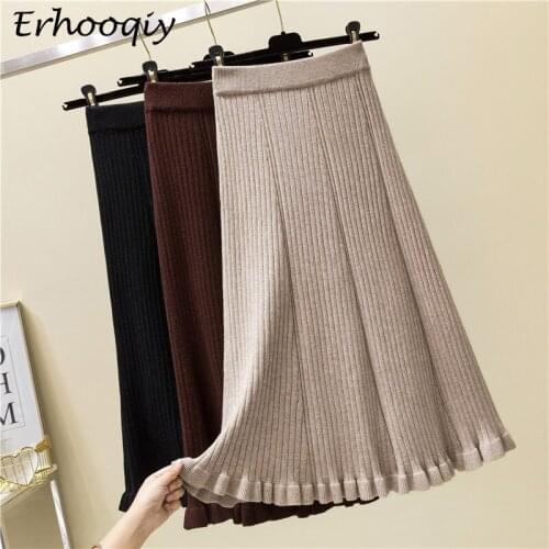 2021 Korean Fishtail Desgin Knitted Skirt Women Autumn Winter Casual Long Slim A-line Skirt Female Beige Black Skirt Jupe Longue