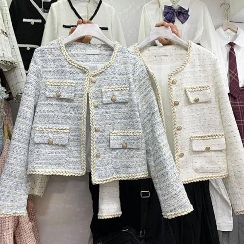 High Quality Women Tweed Jacket Chic Short Simple Korean Fashion Small Coat Vintage Spring Autumn New Elegant Lady Slim Outwear