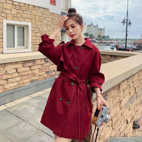 Red windbreaker women mid-length 2021 spring autumn new fashion ins tide Hepburn style double-breasted windbreaker jacket s474