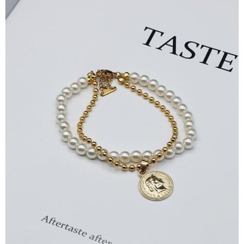 Titanium Stainless Steel Double Multi Layer Gold Bracelets for Women Fashion Metal Chain Pearl Bead Bangles Jewelry for Women