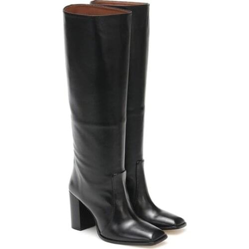 Real cowhide black square toe large size womens shoes straight super high thick heel and knee boots shoes for women