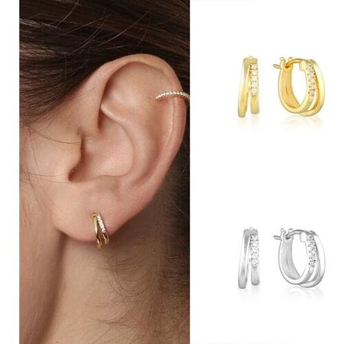 DAIWUJAN 925 Sterling Silver Geometric Double Layers Hoop Earrings for Women Gold/Silver Color Zircon Circle Earrings Jewelry