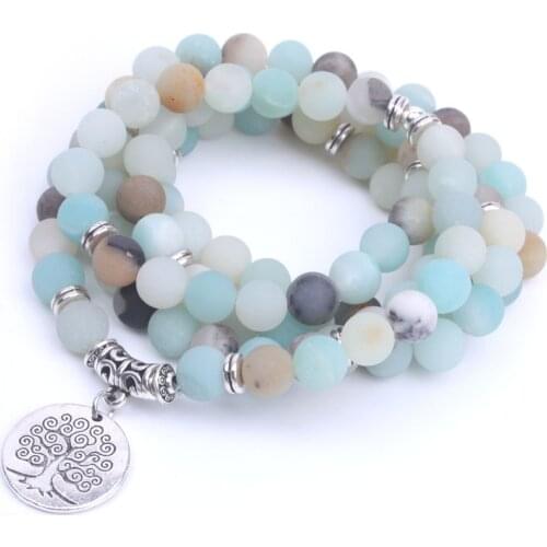 Women Bracelet 8mm Amazonite Beads With Life Tree Charm Bracelet 108 Frosted Stone Mala Bracelet Yoga Jewelry Dropshipping