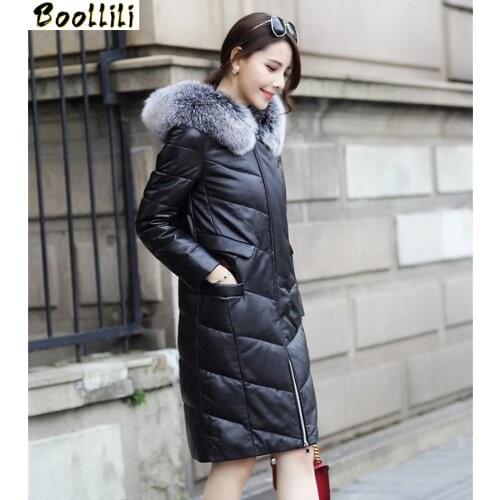 Boollili 2020 Women Leather Down Jacket Warm Winter Coat Female Faux Fox Fur Collar Hooded Womens Jackets Jaqueta Couro