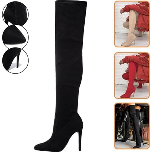 2021 Winter Warm Over The Knee Boots Flock Sexy Slim Thigh High Boots Women High Heels Shoes Pointed Toe Stretch Women Boots