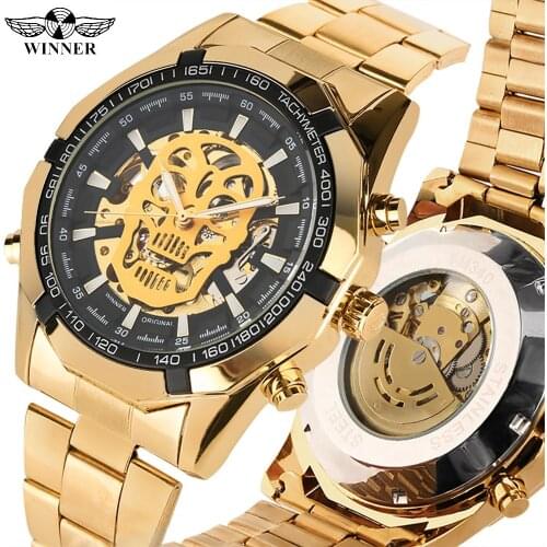 Black Skeleton Dial Automatic-self-winding Watches for Men Skull Carving Mechanical Watch for Male Stainless Steel Band Watches
