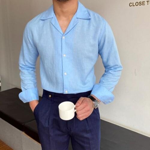 Business Formal Dress Shirt Long Sleeve Shirt Men British Style Casual All-match Solid Color Summer Linen Shirt Trendy Men Blue
