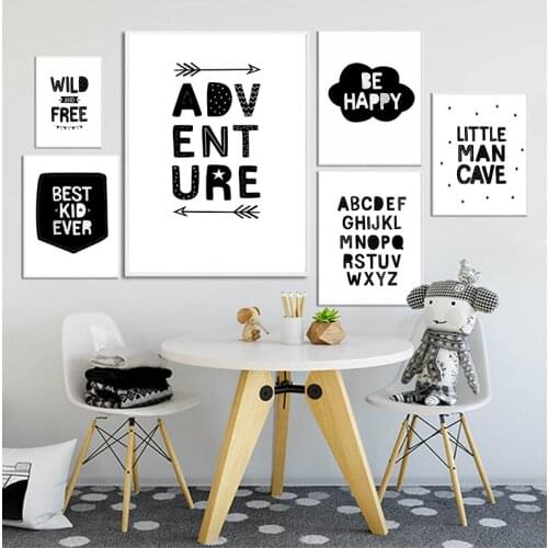 Nursery Wall Art Canvas Painting Black and White Adventure Be Wild and Free Quotes Posters and Prints Nordic Baby Room Picture