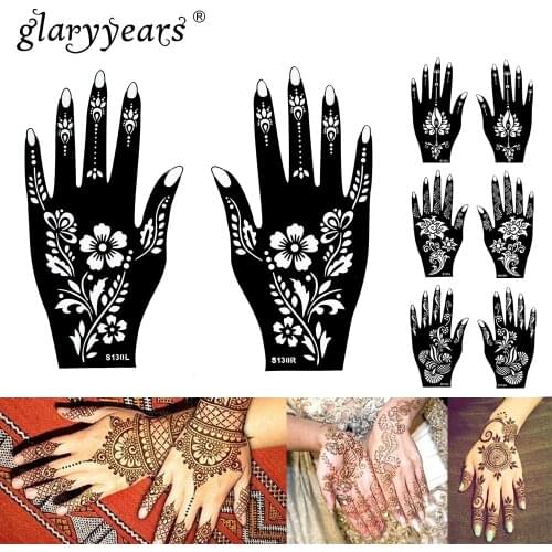 Glaryyears 1 Pair Hands Mehndi Henna Stencil Flower Lace Tattoo Airbrush Painting for Women Hands Art Tattoo Stencils Waterproof