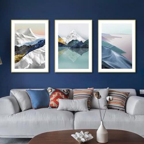Mountain Lake Illustration Abstract Canvas Painting Wall Art Picture Poster New China Landscape Picture Living Room Decoration
