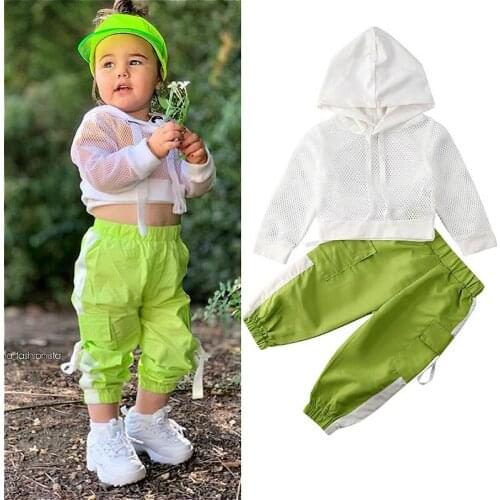 1-6Y Kids Baby Girls Clothes Sets 2021 Summer Fishnet Long Sleeve Hooded Tops + Pocket Baggy Sweatpants Tracksuits Girls Outfits