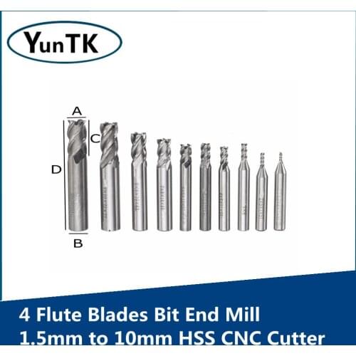 Diameter 1.5mm to 10mm HSS CNC Milling Cutter Straight Shank 4 Flute Blades Bit End Mill, 10pcs