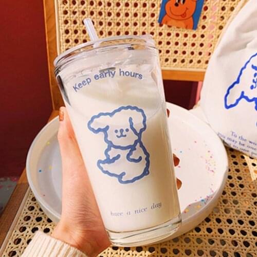 450ml Korean Glass Water Bottle Cartoon Puppy Travel Glass Mug with Straw Heat-resistant Coffee Mug Breakfast Milk Mug Juice Cup