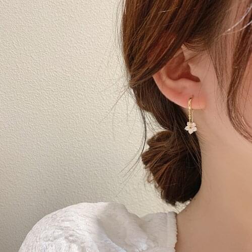Korean Elegant Zircon Flower Hoop Earrings For Women Girls Fashion Metal Chain Loop Ear Earrings Jewelry