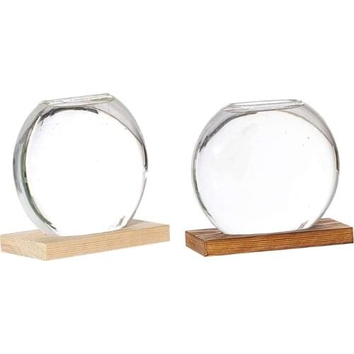 77JF Desktop Round Crystal Glass Planter Terrarium with Retro Solid Wooden Stand Wedding Flower Vase Decor for Hydroponics Pl