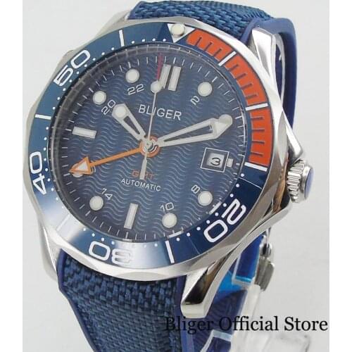 Fashion Round BLIGER Self Winding Mens Wristwatch GMT Hand 41mm Sapphire Glass Blue Dial Date Window Rubber Strap