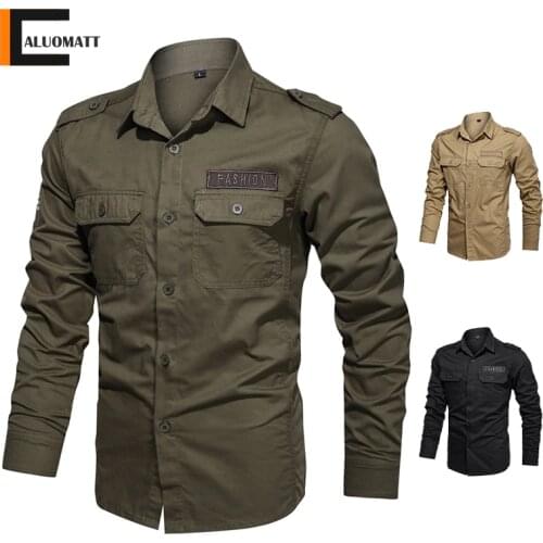 Military Shirt Men Long Sleeve 100% Cotton Army Green Mens Shirts Spring Autumn High Quality Camiseta Masculina Male Clothing