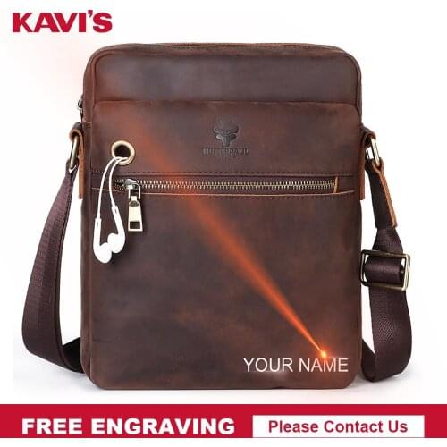 KAVIS Free Engraving Crazy Horse Leather Crossbody Shoulder Men Bag Genuine Cow Leather Casual Messenger Men Bags for Travel