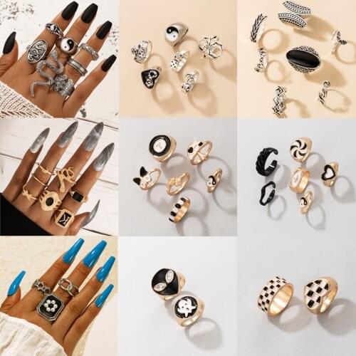 Tocona Punk Snake Tai Chi Ring Sets for Women Men Pretty Heart Butterfly Mushroom Heart Geometry Alloy Metal Jewelry кольца