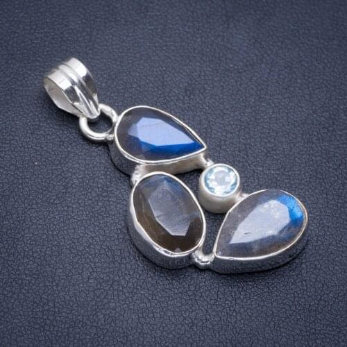 Natural Blue Fire Labradorite and Blue Topaz Handmade Unique 925 Sterling Silver Pendant 1.75" A1738