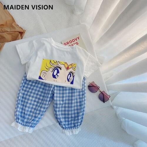 2021 Summer New Grils Clothes Korean lattice little girl T-shirt+ pants Children Clothing Set Kids Girls Clothes Suit 1-6 year