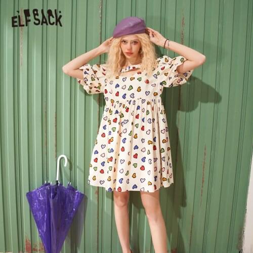 ELFSACK Love Print High Waist Sweety Casual Vintage Dresses Women,2021 Summer Stylish Ladies Basic Daily Party T-Shirt Dress