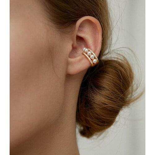 Origin Summer Statement Double Layer Simulation Pearl Clip Earring for Women Gold Color Metal Rhinestone Earring Jewelry Gifts