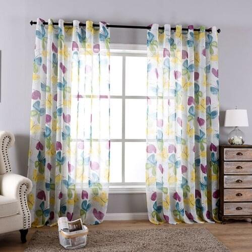 One Panels Sheer Curtains For Living Room Pastoral Style Printed Window Decoration Purple Kitchen Tulle Curtains Butterflies