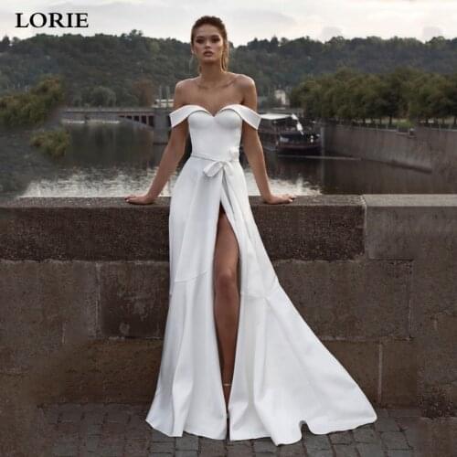 LORIE Princess Wedding Dress A Line Satin High Split Bride Dresses Off The Shoulder Boho Wedding Gown Vestido de noiva
